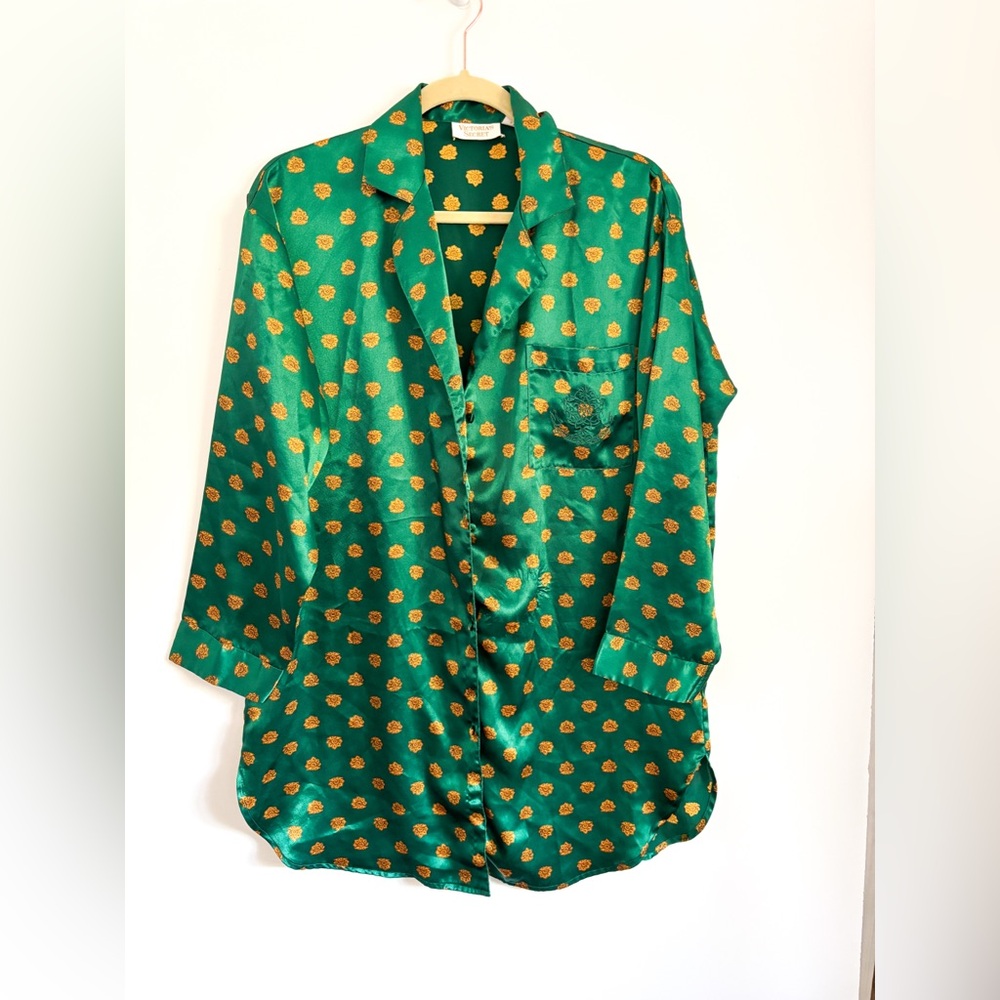 Vintage Victoria’s Secret Gold Label Night Shirt Silky Green Gold Shirtdress